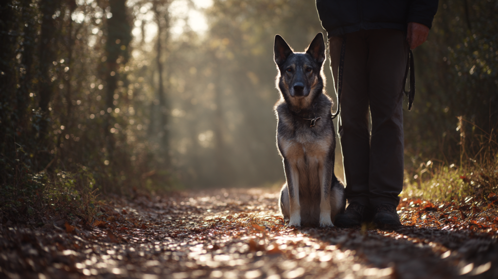 Chien tenu en longe pendant une balade en forêt